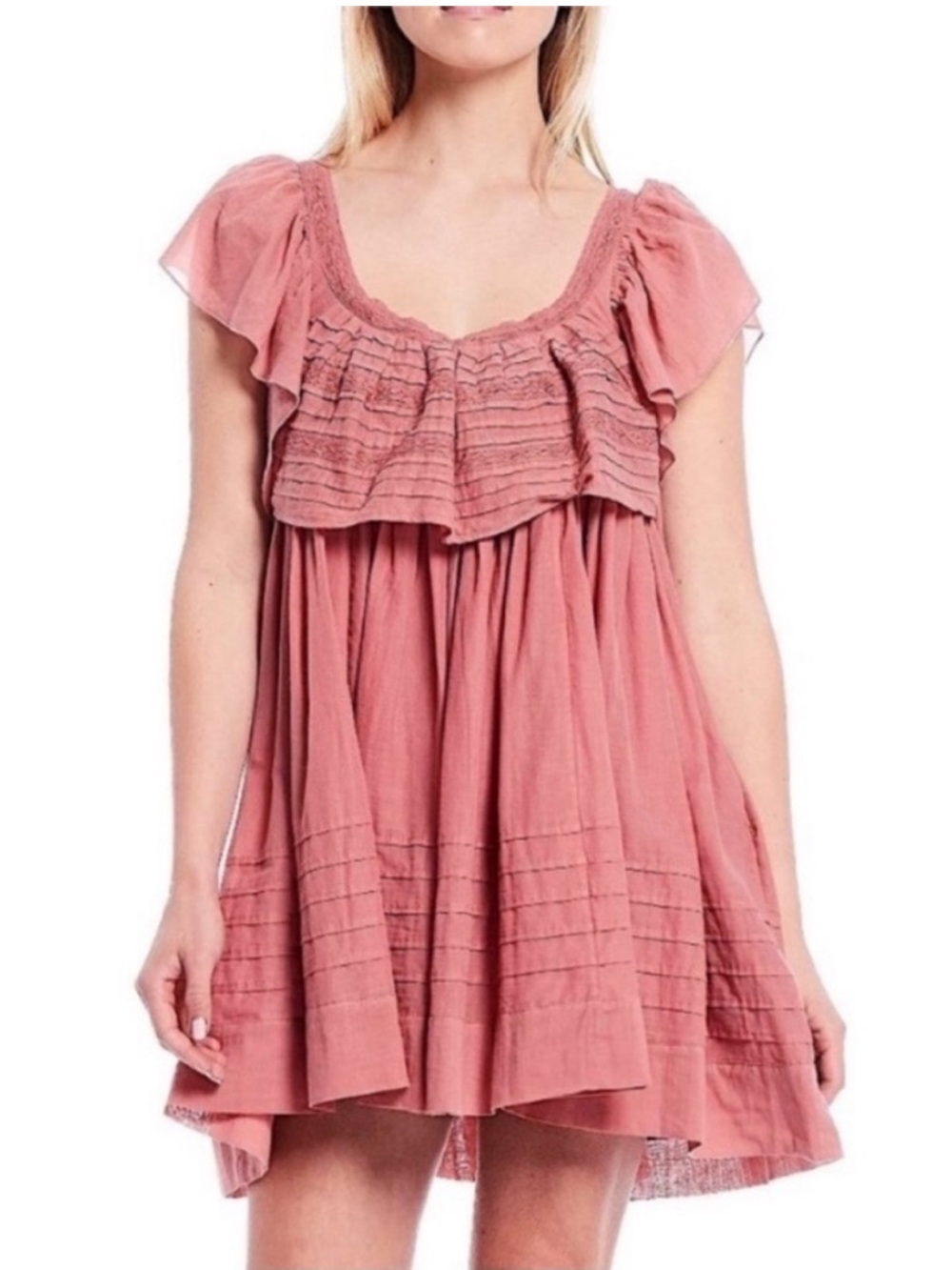 Free People Hailey Babydoll Ruffle Mini Dress w/ Open Back & Flounce Bodice - Picture 1 of 9